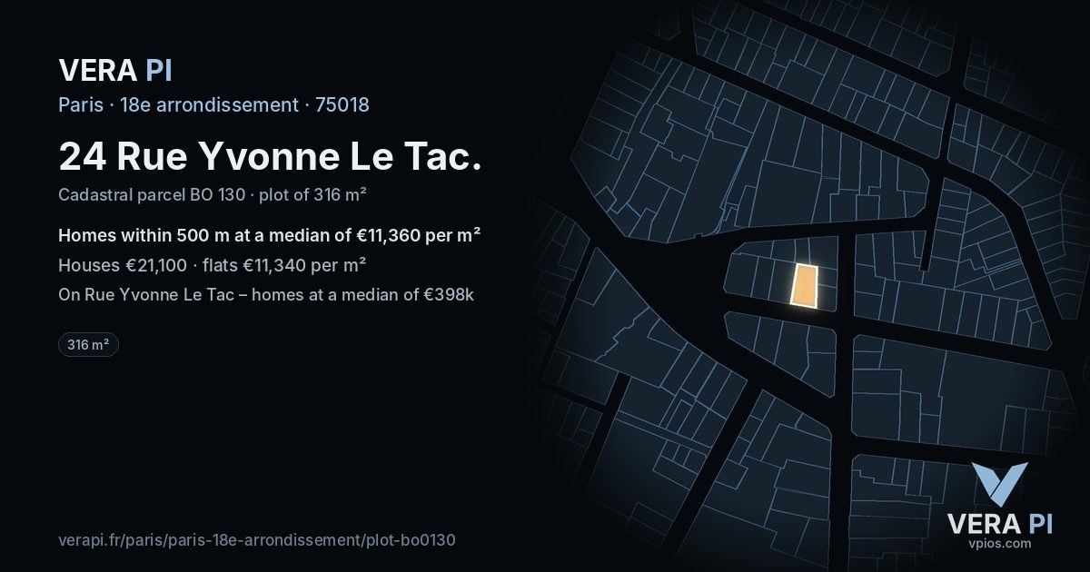24 Rue Yvonne Le Tac, 18e arrondissement at night – the plot lit, the parcels around coloured by the prices near them