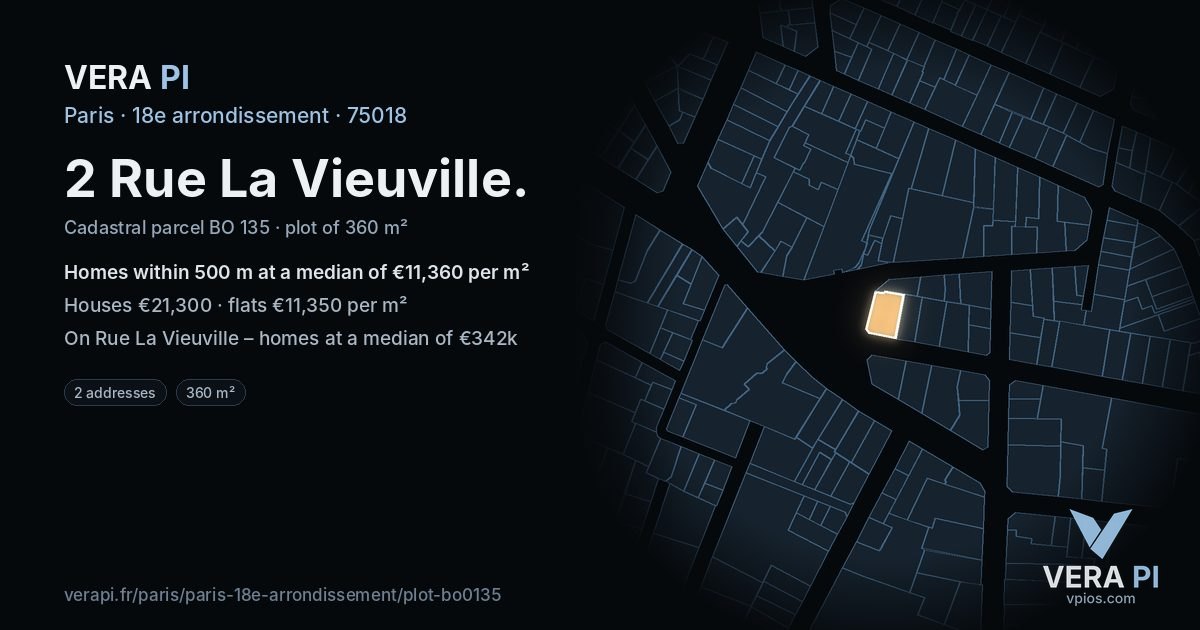 2 Rue La Vieuville, 18e arrondissement at night – the plot lit, the parcels around coloured by the prices near them