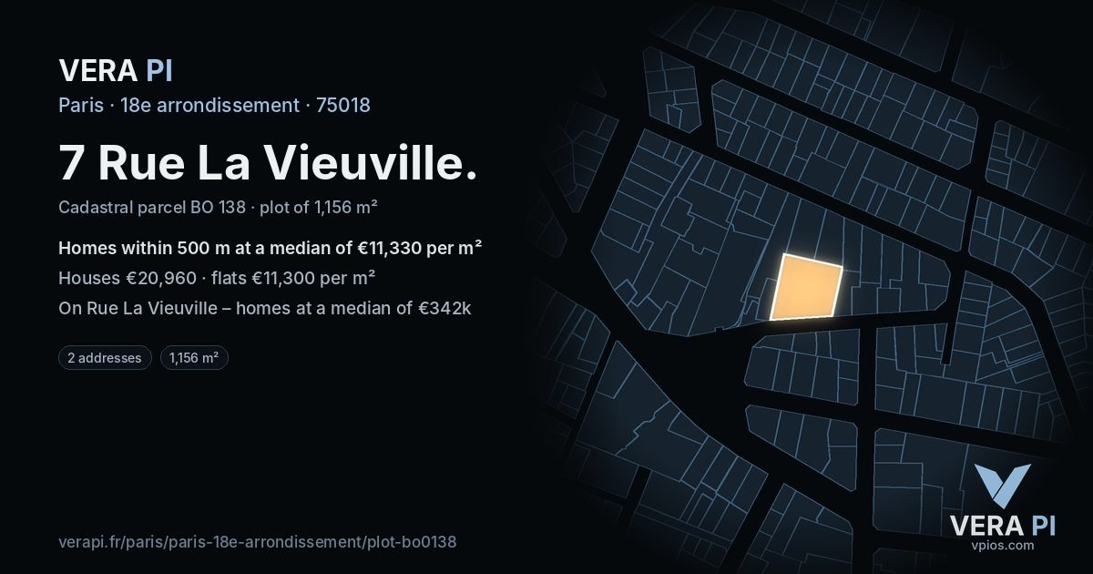 7 Rue La Vieuville, 18e arrondissement at night – the plot lit, the parcels around coloured by the prices near them