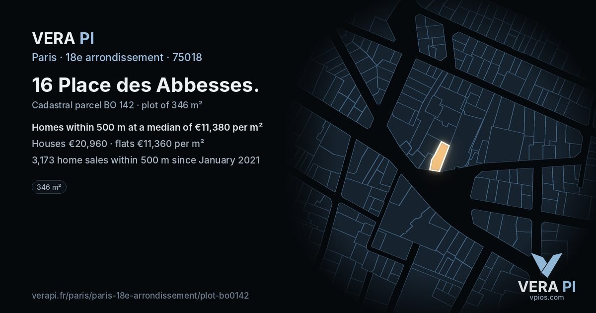 16 Place des Abbesses, 18e arrondissement at night – the plot lit, the parcels around coloured by the prices near them