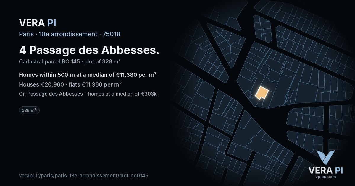 4 Passage des Abbesses, 18e arrondissement at night – the plot lit, the parcels around coloured by the prices near them