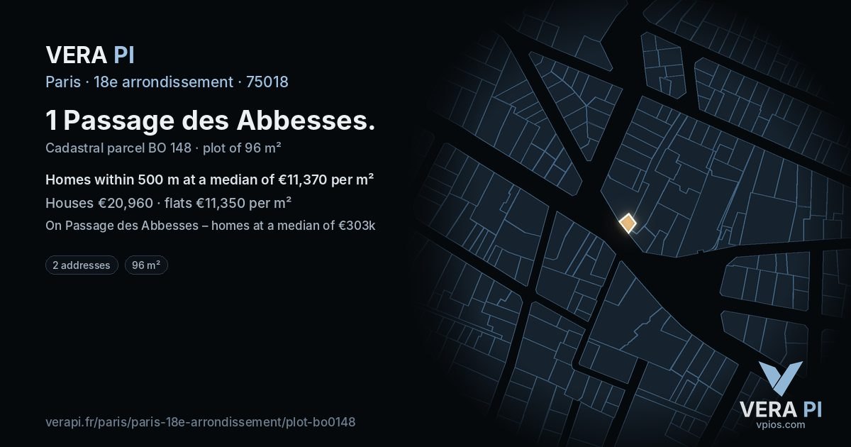 1 Passage des Abbesses, 18e arrondissement at night – the plot lit, the parcels around coloured by the prices near them