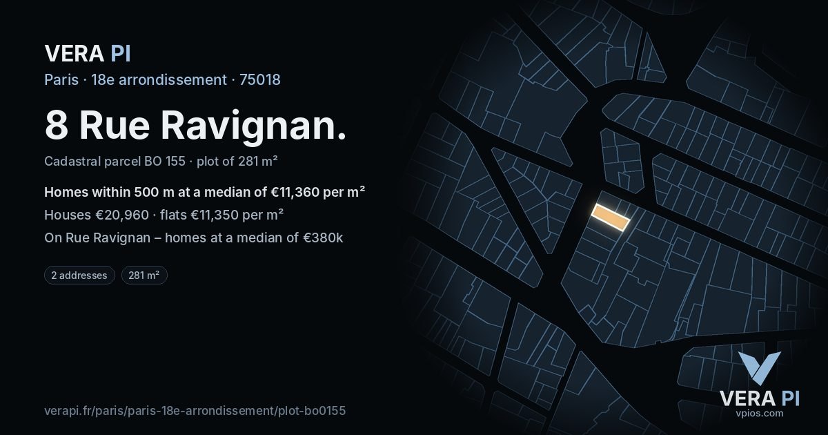 8 Rue Ravignan, 18e arrondissement at night – the plot lit, the parcels around coloured by the prices near them