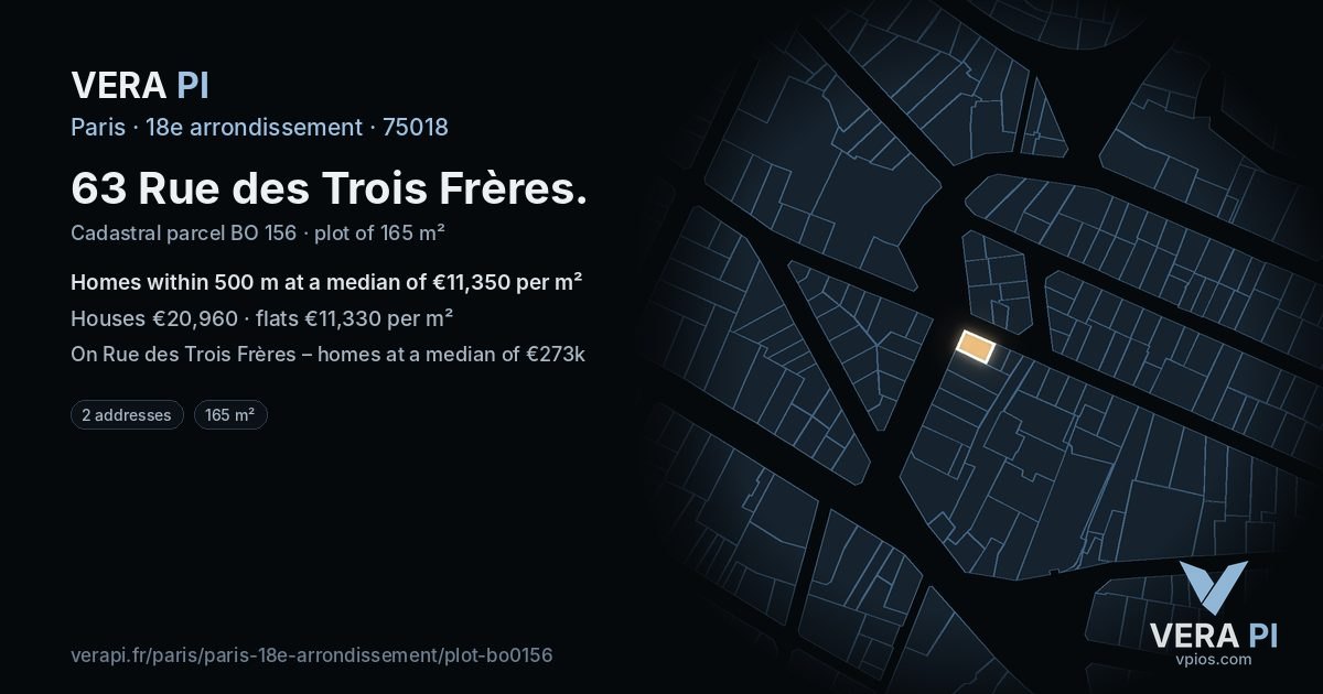 63 Rue des Trois Frères, 18e arrondissement at night – the plot lit, the parcels around coloured by the prices near them