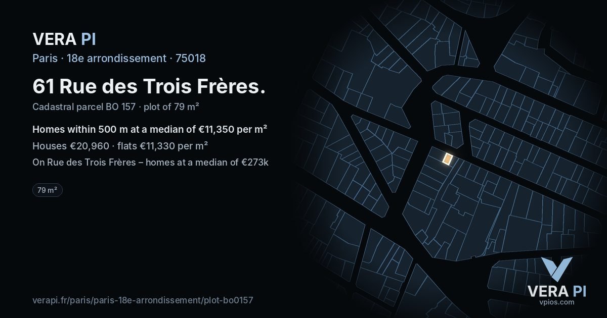 61 Rue des Trois Frères, 18e arrondissement at night – the plot lit, the parcels around coloured by the prices near them