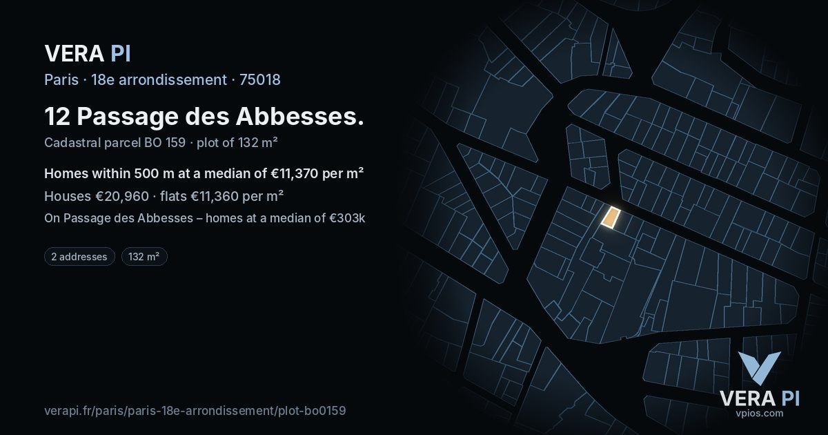 12 Passage des Abbesses, 18e arrondissement at night – the plot lit, the parcels around coloured by the prices near them