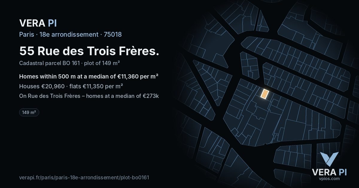 55 Rue des Trois Frères, 18e arrondissement at night – the plot lit, the parcels around coloured by the prices near them