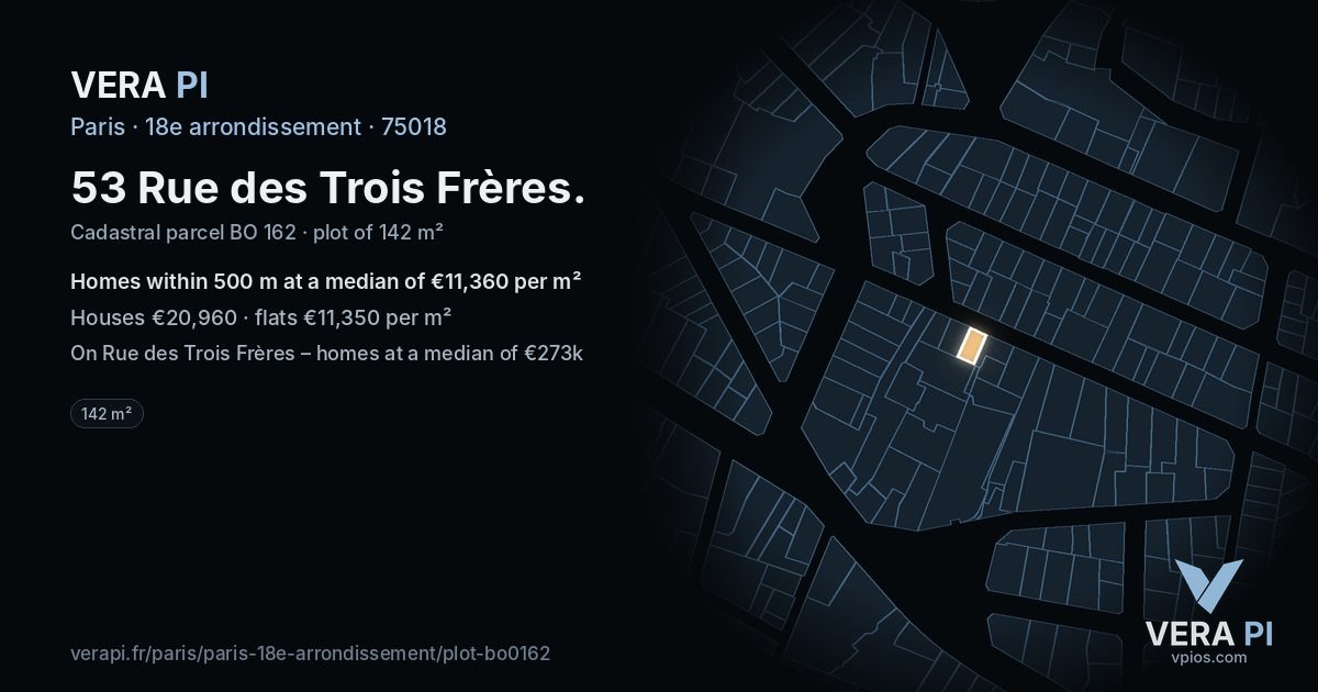 53 Rue des Trois Frères, 18e arrondissement at night – the plot lit, the parcels around coloured by the prices near them
