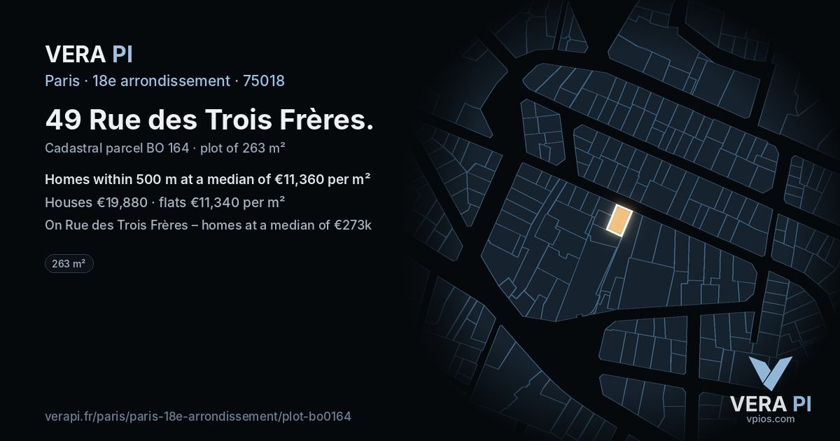 49 Rue des Trois Frères, 18e arrondissement at night – the plot lit, the parcels around coloured by the prices near them