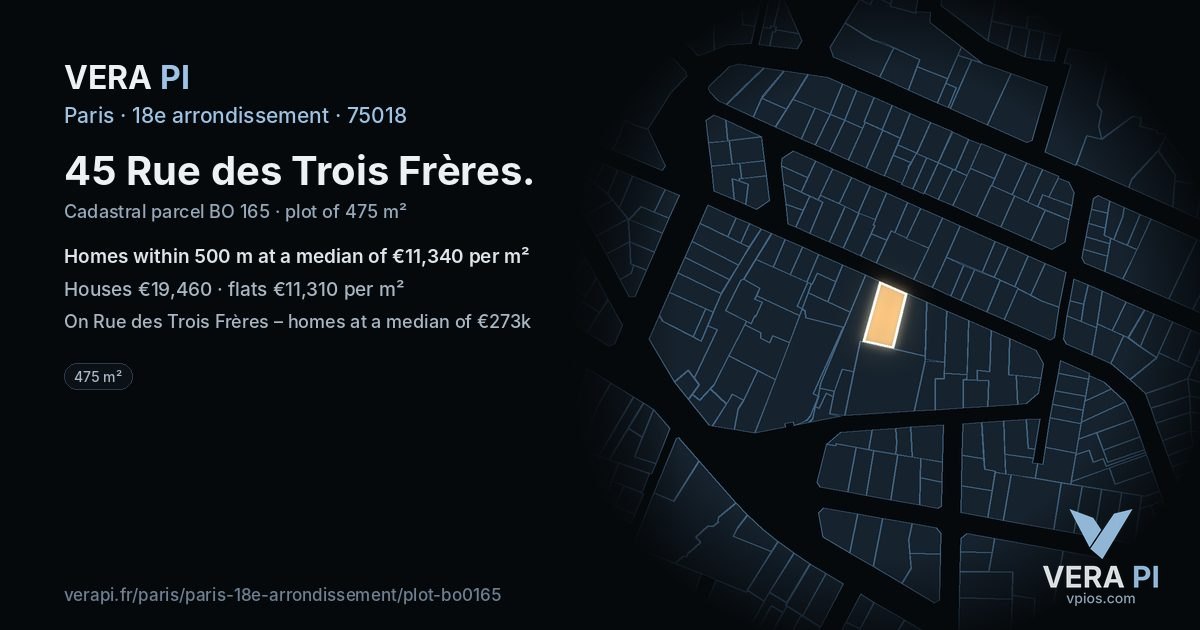 45 Rue des Trois Frères, 18e arrondissement at night – the plot lit, the parcels around coloured by the prices near them