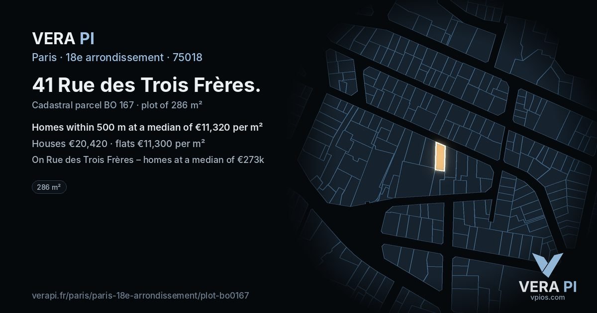 41 Rue des Trois Frères, 18e arrondissement at night – the plot lit, the parcels around coloured by the prices near them