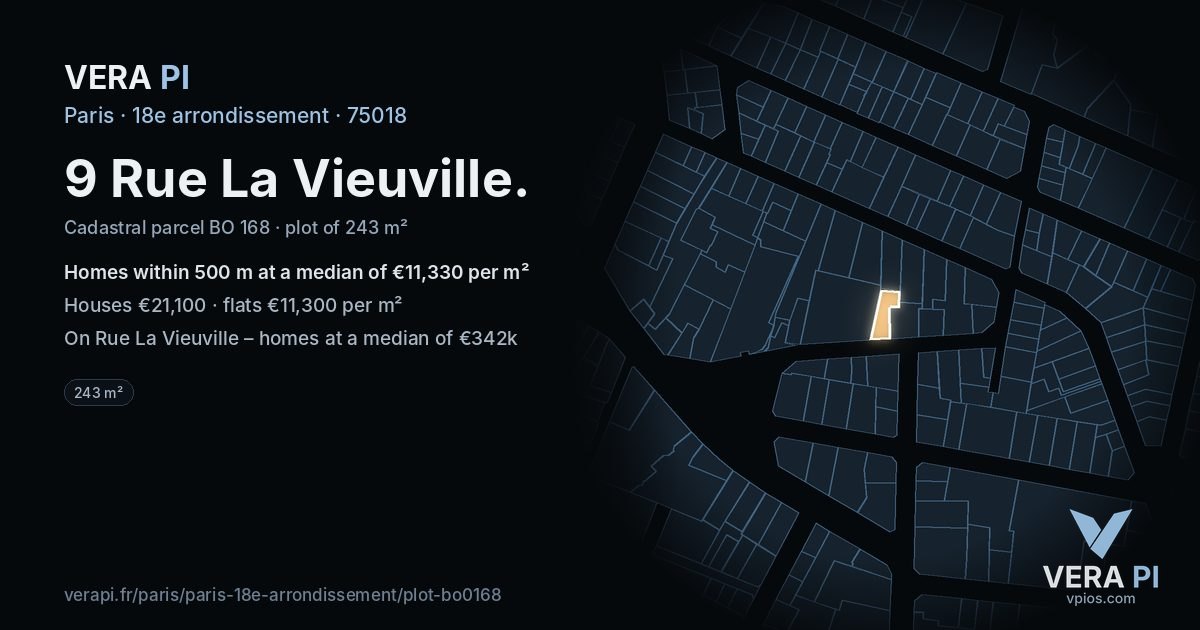 9 Rue La Vieuville, 18e arrondissement at night – the plot lit, the parcels around coloured by the prices near them