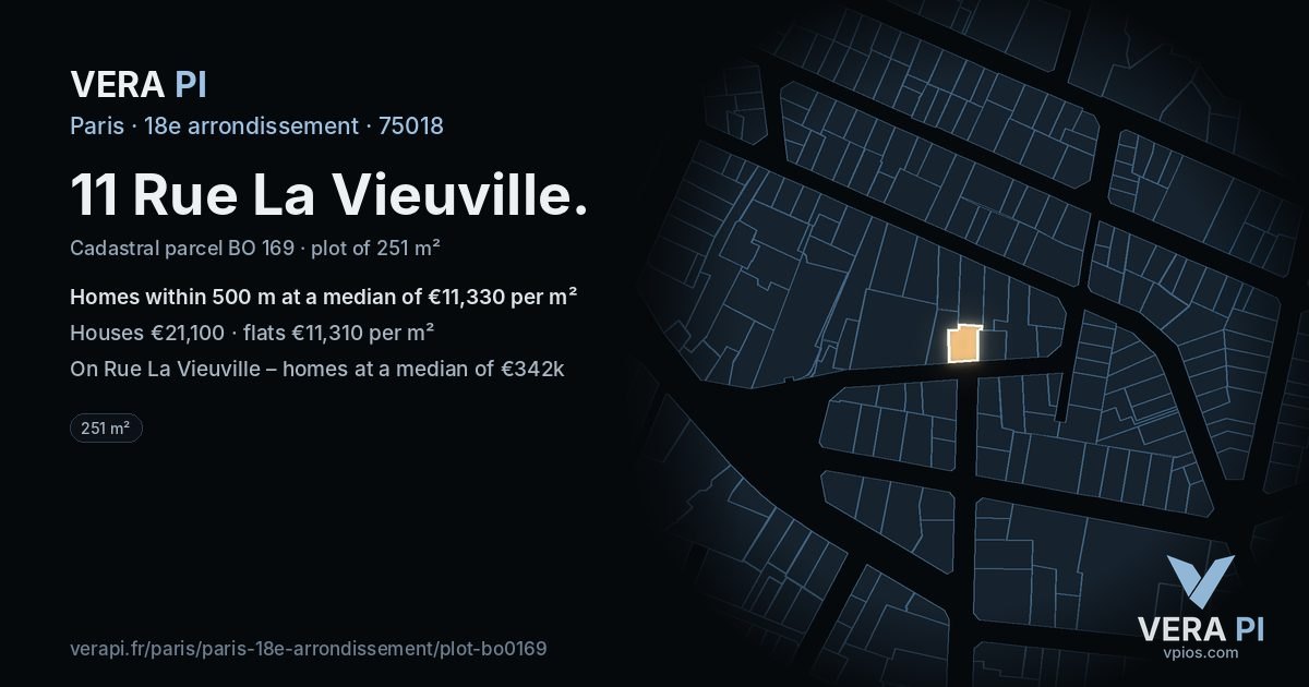 11 Rue La Vieuville, 18e arrondissement at night – the plot lit, the parcels around coloured by the prices near them