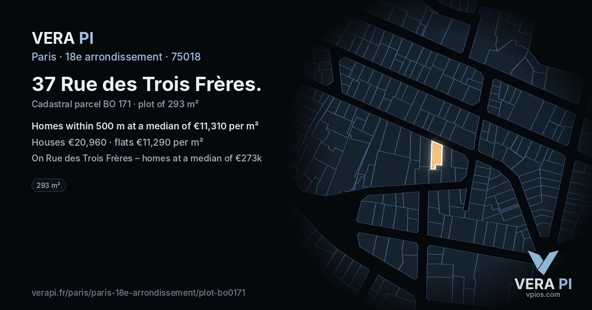 37 Rue des Trois Frères, 18e arrondissement at night – the plot lit, the parcels around coloured by the prices near them