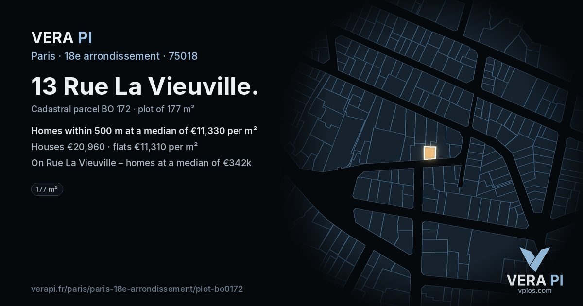 13 Rue La Vieuville, 18e arrondissement at night – the plot lit, the parcels around coloured by the prices near them