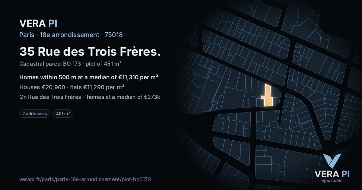35 Rue des Trois Frères, 18e arrondissement at night – the plot lit, the parcels around coloured by the prices near them