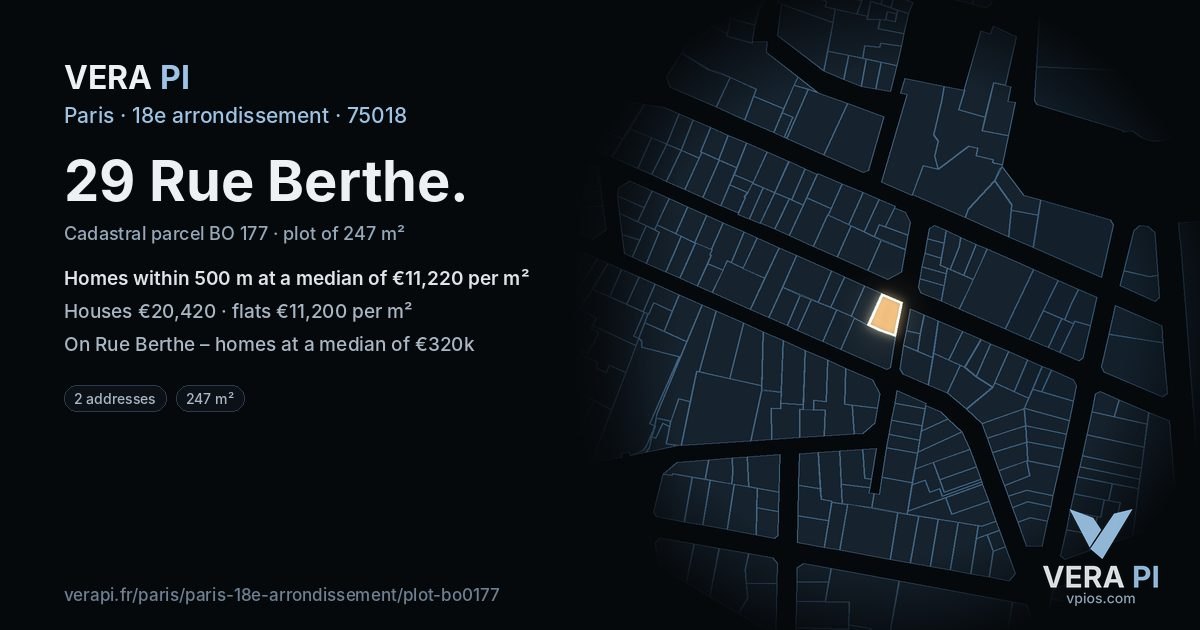 29 Rue Berthe, 18e arrondissement at night – the plot lit, the parcels around coloured by the prices near them