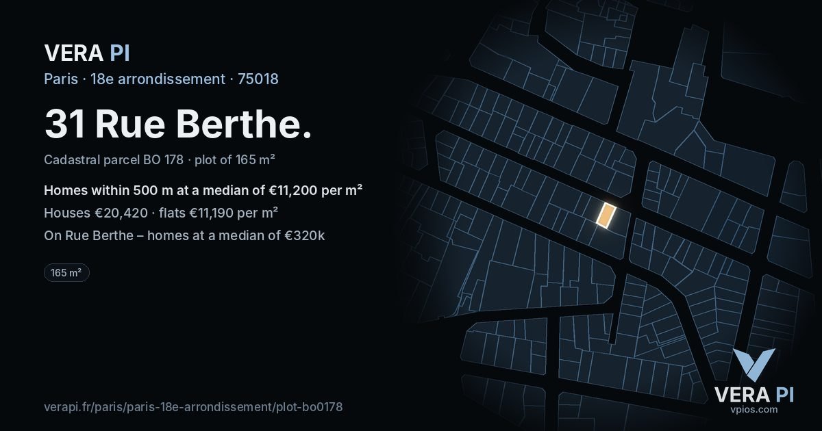 31 Rue Berthe, 18e arrondissement at night – the plot lit, the parcels around coloured by the prices near them