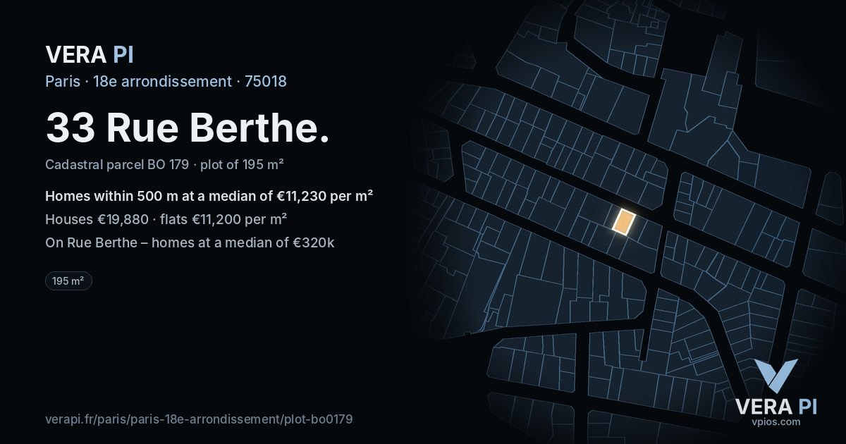 33 Rue Berthe, 18e arrondissement at night – the plot lit, the parcels around coloured by the prices near them