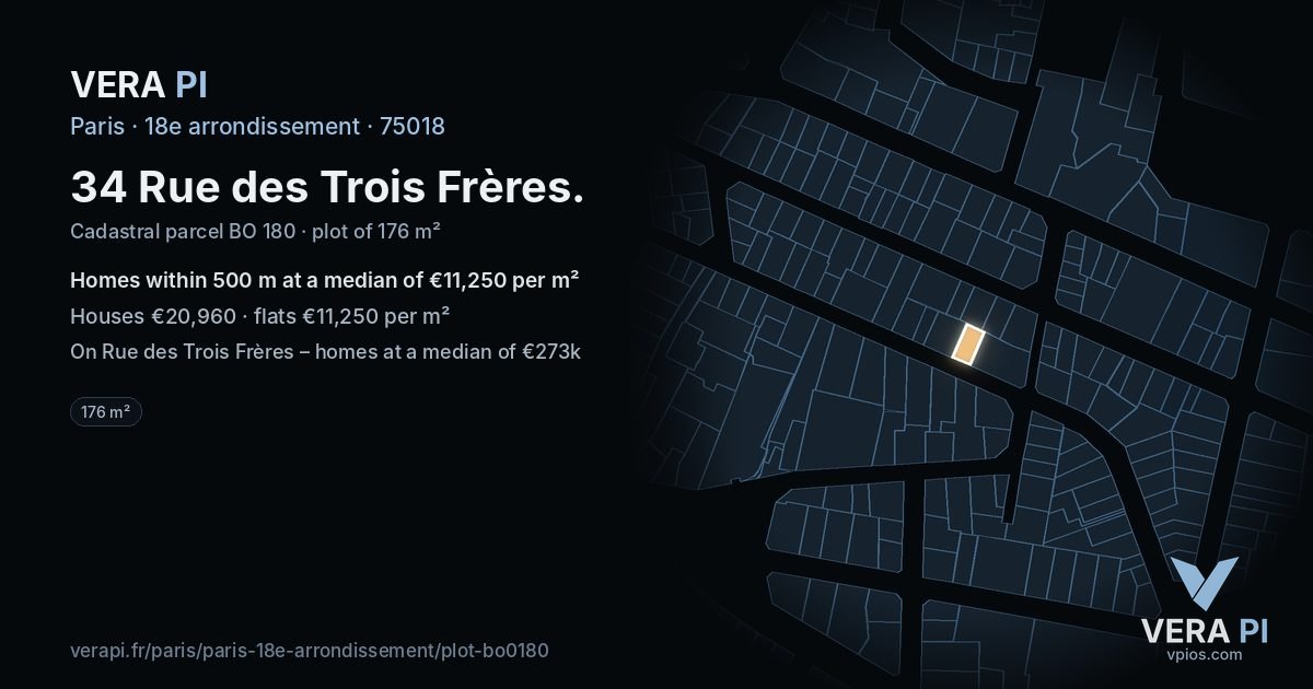 34 Rue des Trois Frères, 18e arrondissement at night – the plot lit, the parcels around coloured by the prices near them