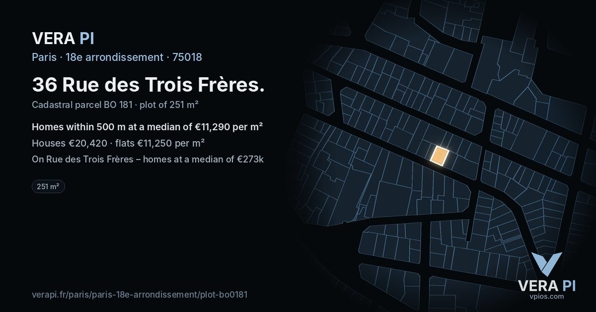 36 Rue des Trois Frères, 18e arrondissement at night – the plot lit, the parcels around coloured by the prices near them