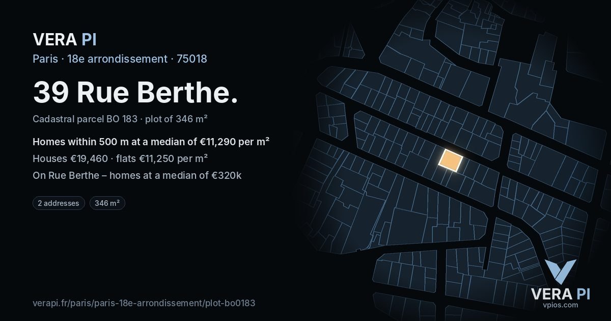 39 Rue Berthe, 18e arrondissement at night – the plot lit, the parcels around coloured by the prices near them