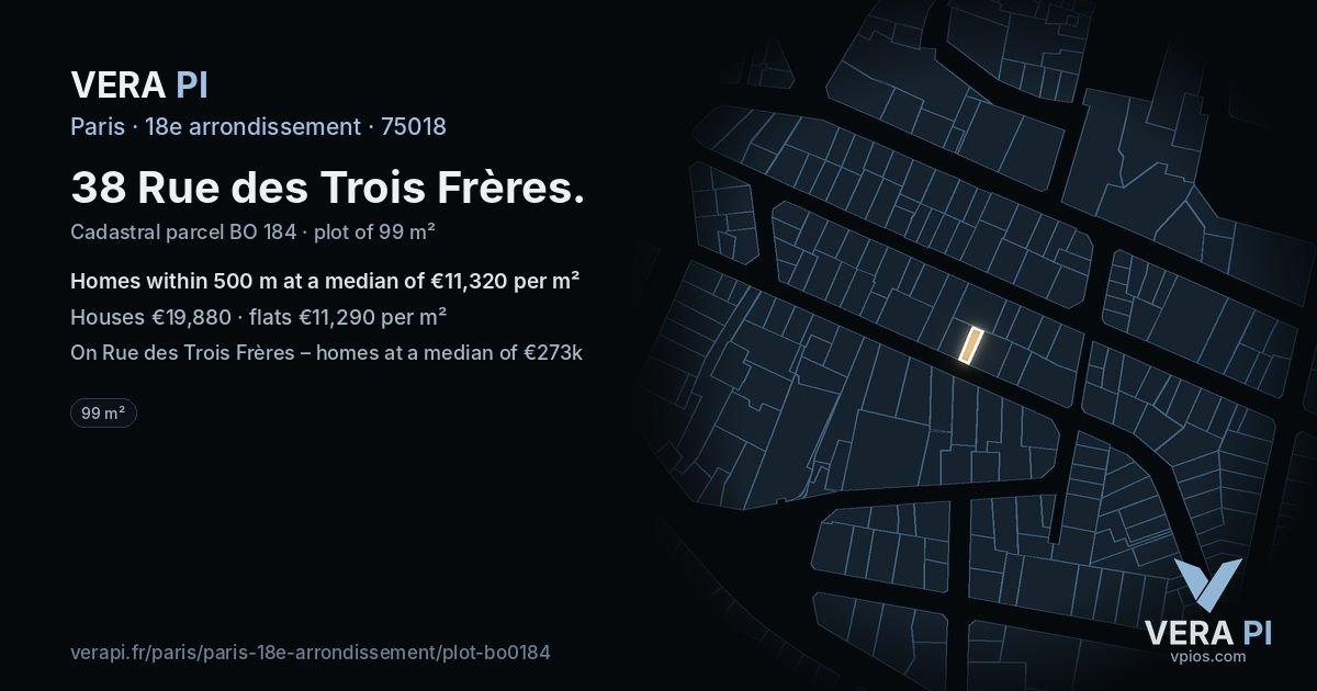 38 Rue des Trois Frères, 18e arrondissement at night – the plot lit, the parcels around coloured by the prices near them
