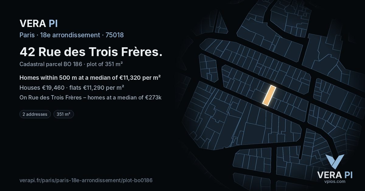 42 Rue des Trois Frères, 18e arrondissement at night – the plot lit, the parcels around coloured by the prices near them