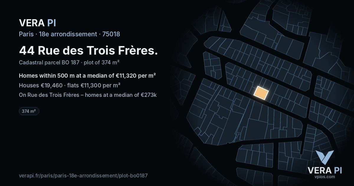 44 Rue des Trois Frères, 18e arrondissement at night – the plot lit, the parcels around coloured by the prices near them