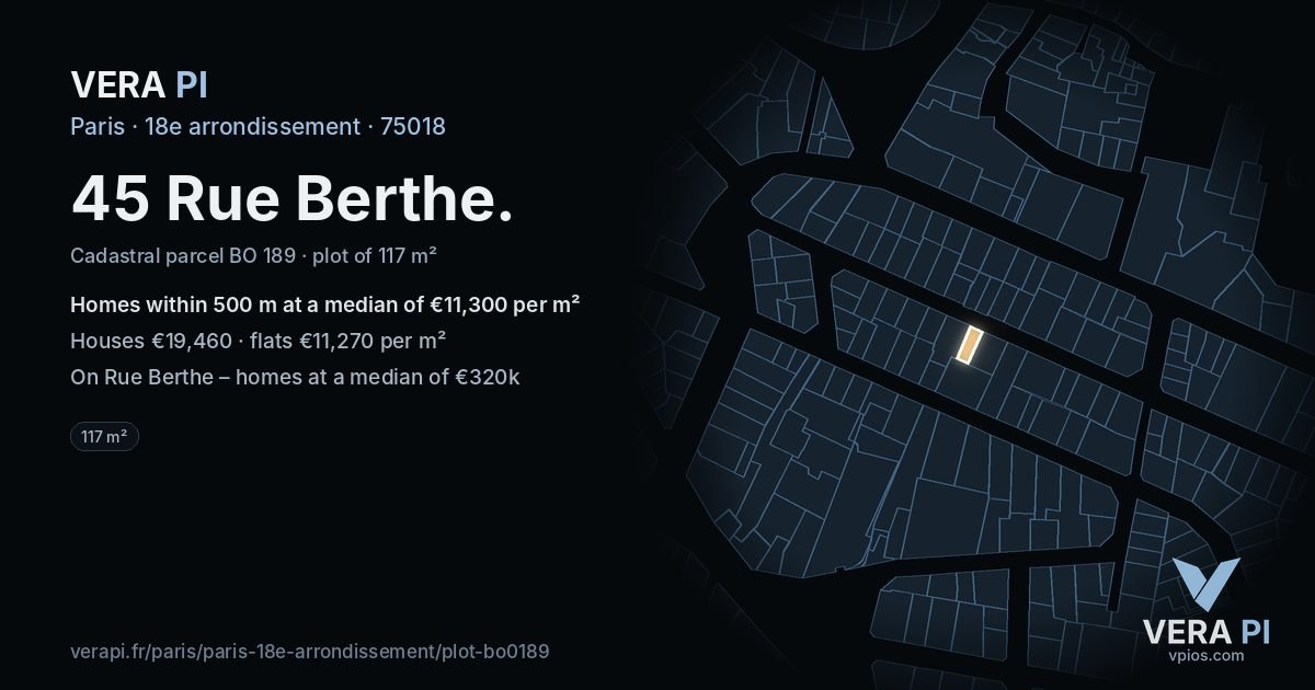 45 Rue Berthe, 18e arrondissement at night – the plot lit, the parcels around coloured by the prices near them