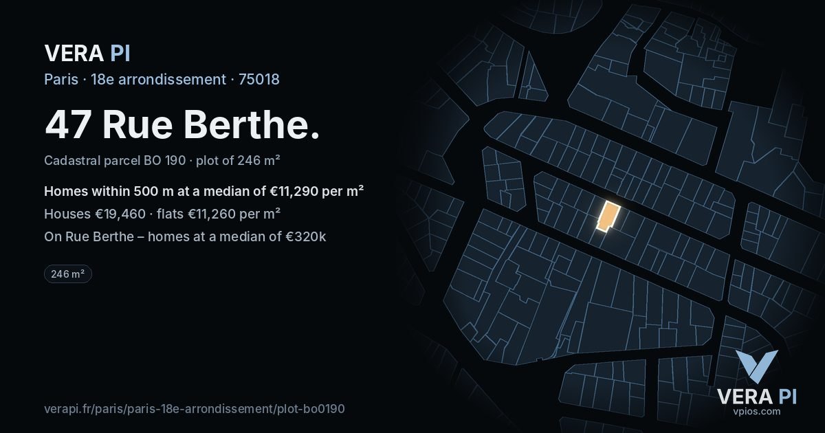 47 Rue Berthe, 18e arrondissement at night – the plot lit, the parcels around coloured by the prices near them