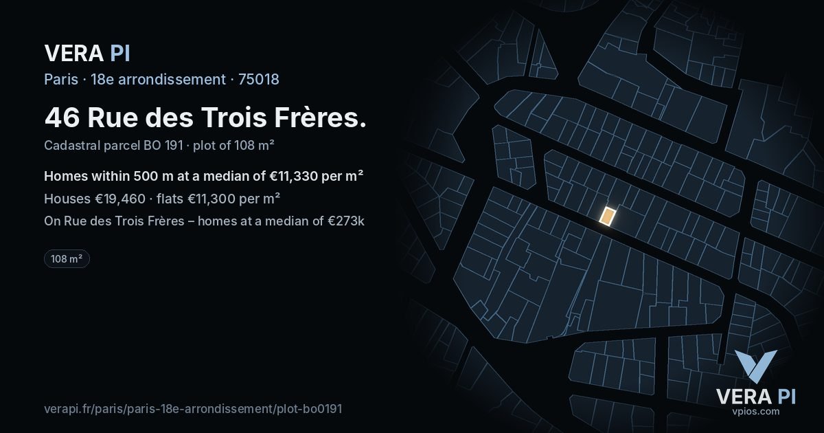 46 Rue des Trois Frères, 18e arrondissement at night – the plot lit, the parcels around coloured by the prices near them