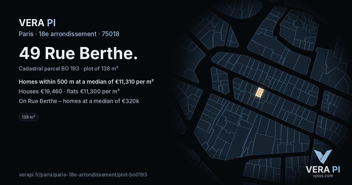 49 Rue Berthe, 18e arrondissement at night – the plot lit, the parcels around coloured by the prices near them