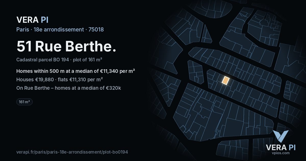 51 Rue Berthe, 18e arrondissement at night – the plot lit, the parcels around coloured by the prices near them