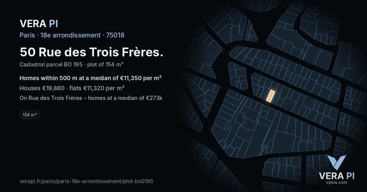 50 Rue des Trois Frères, 18e arrondissement at night – the plot lit, the parcels around coloured by the prices near them