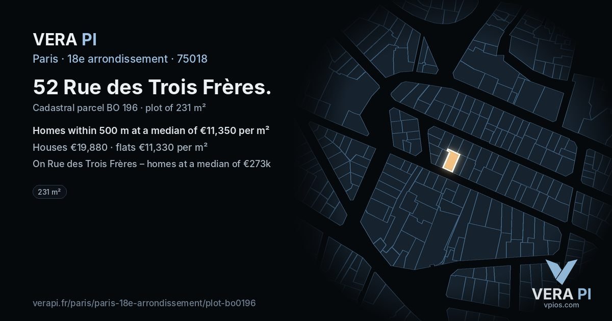 52 Rue des Trois Frères, 18e arrondissement at night – the plot lit, the parcels around coloured by the prices near them