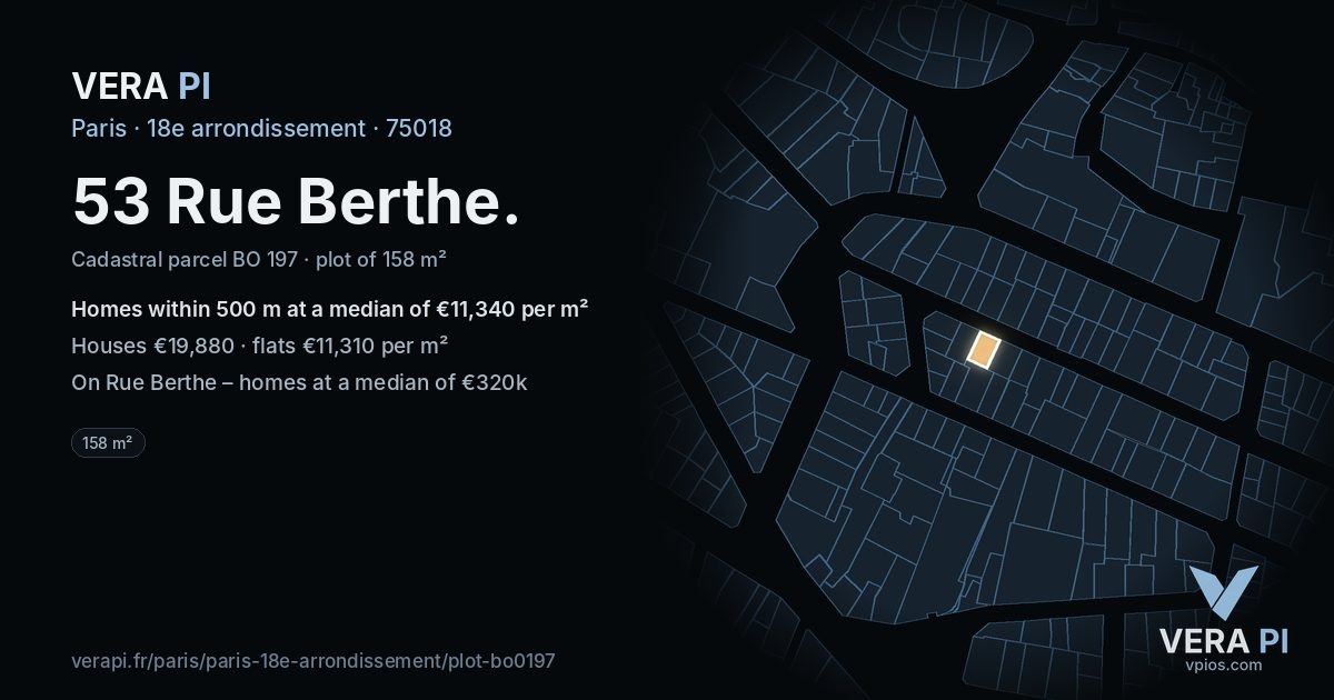 53 Rue Berthe, 18e arrondissement at night – the plot lit, the parcels around coloured by the prices near them