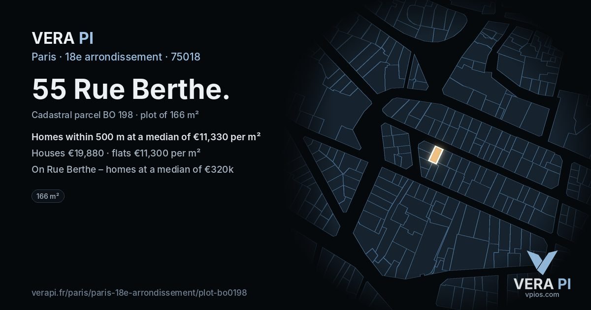 55 Rue Berthe, 18e arrondissement at night – the plot lit, the parcels around coloured by the prices near them