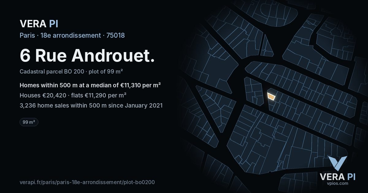 6 Rue Androuet, 18e arrondissement at night – the plot lit, the parcels around coloured by the prices near them