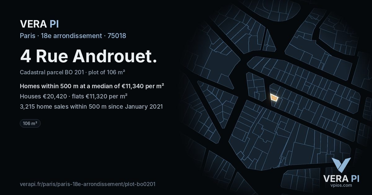 4 Rue Androuet, 18e arrondissement at night – the plot lit, the parcels around coloured by the prices near them
