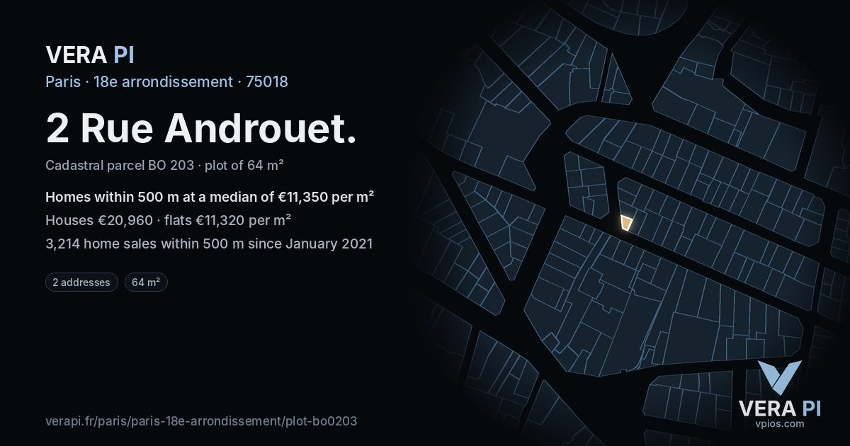 2 Rue Androuet, 18e arrondissement at night – the plot lit, the parcels around coloured by the prices near them