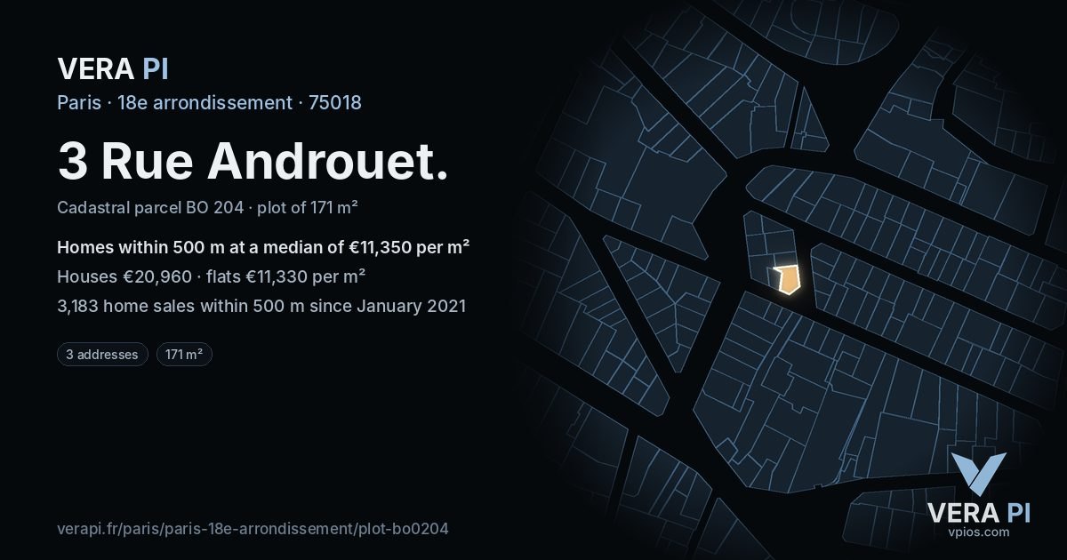 3 Rue Androuet, 18e arrondissement at night – the plot lit, the parcels around coloured by the prices near them