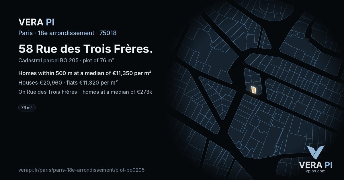 58 Rue des Trois Frères, 18e arrondissement at night – the plot lit, the parcels around coloured by the prices near them