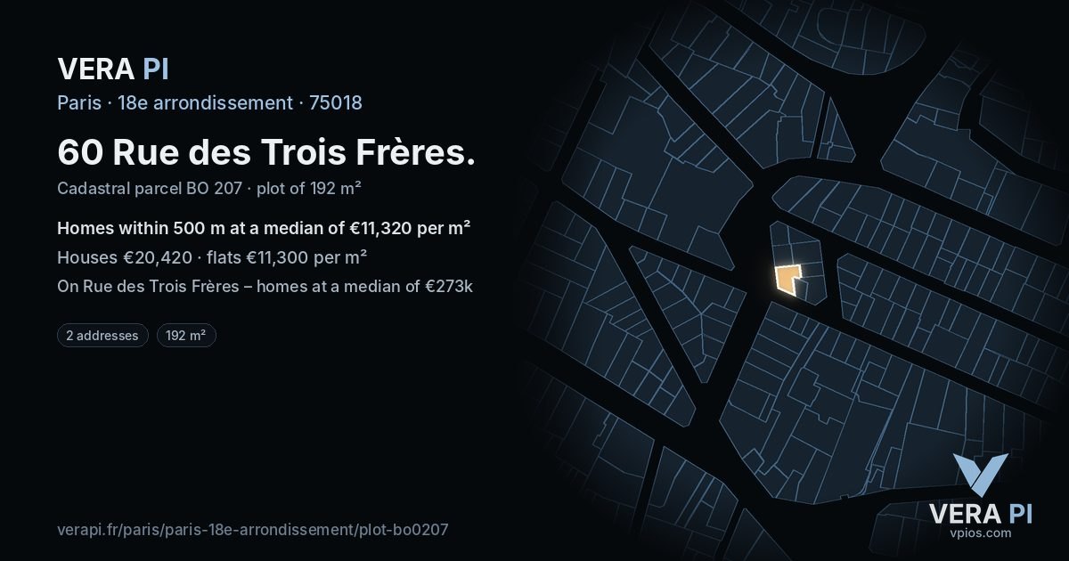 60 Rue des Trois Frères, 18e arrondissement at night – the plot lit, the parcels around coloured by the prices near them