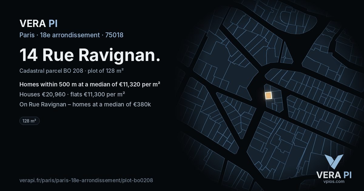 14 Rue Ravignan, 18e arrondissement at night – the plot lit, the parcels around coloured by the prices near them