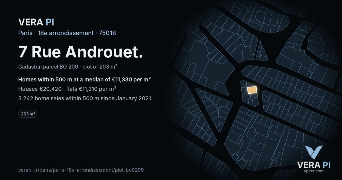 7 Rue Androuet, 18e arrondissement at night – the plot lit, the parcels around coloured by the prices near them