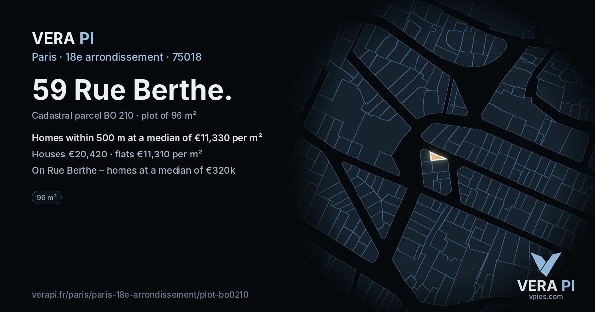 59 Rue Berthe, 18e arrondissement at night – the plot lit, the parcels around coloured by the prices near them
