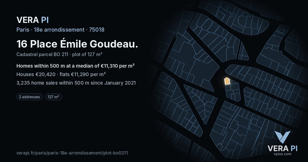 16 Place Émile Goudeau, 18e arrondissement at night – the plot lit, the parcels around coloured by the prices near them