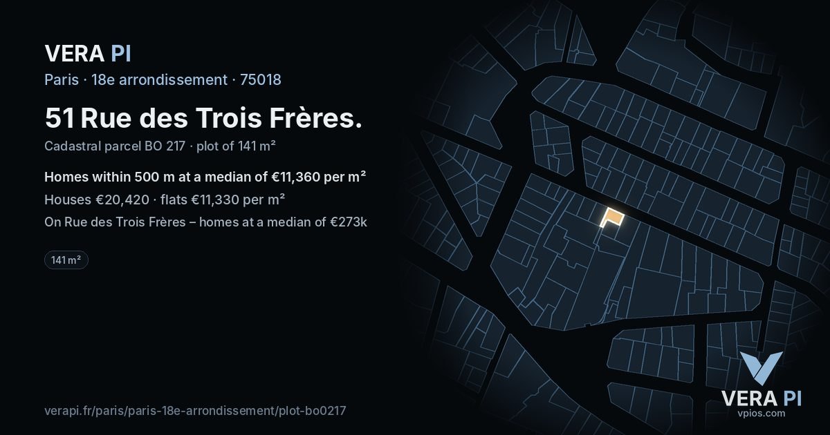 51 Rue des Trois Frères, 18e arrondissement at night – the plot lit, the parcels around coloured by the prices near them