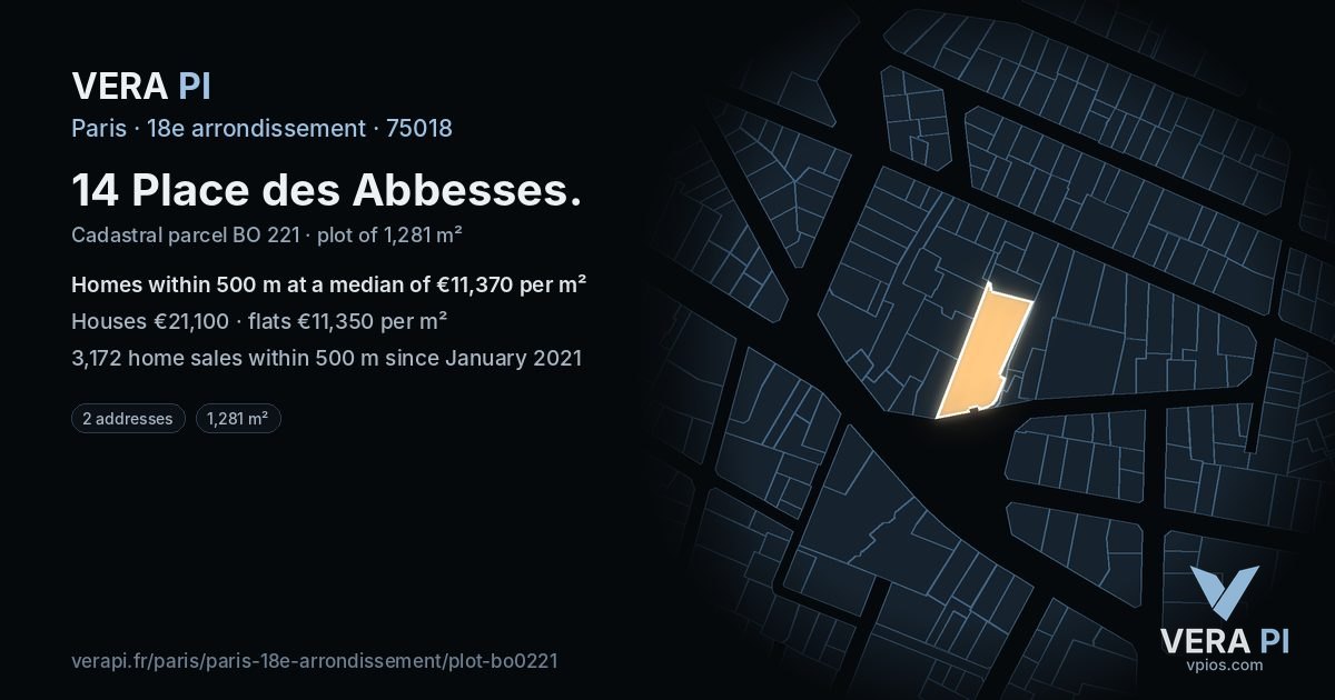 14 Place des Abbesses, 18e arrondissement at night – the plot lit, the parcels around coloured by the prices near them